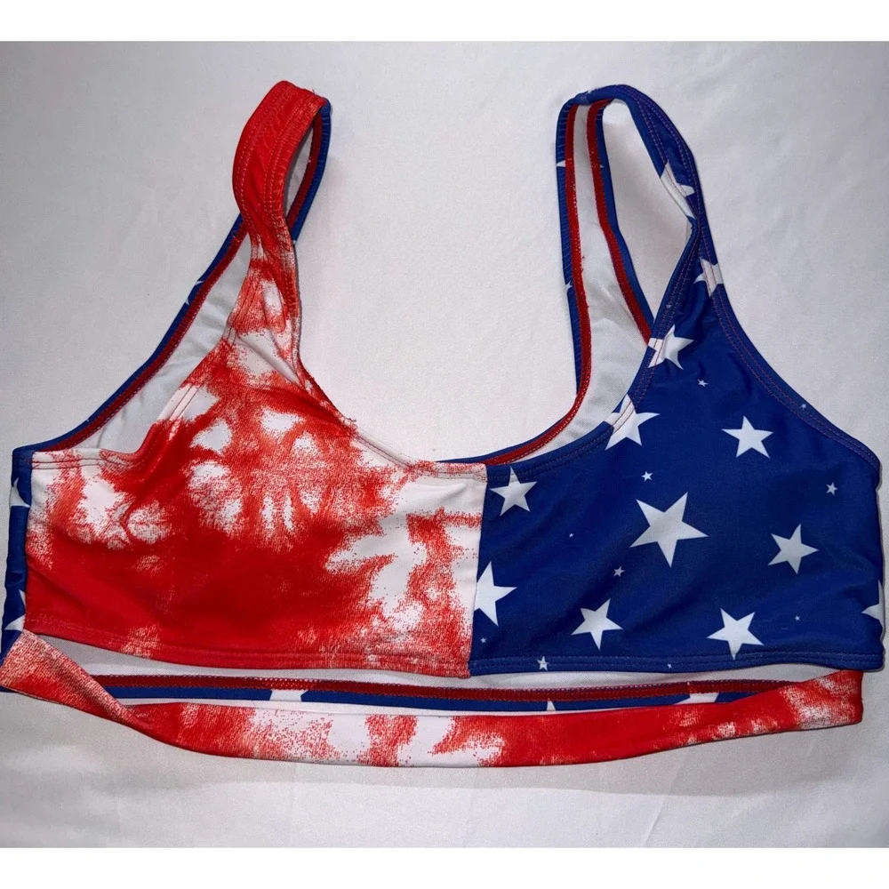 SHEIN Bikini Set Women XL Red White Blue Stars Tie Dye Patriotic Swimsuit NEW